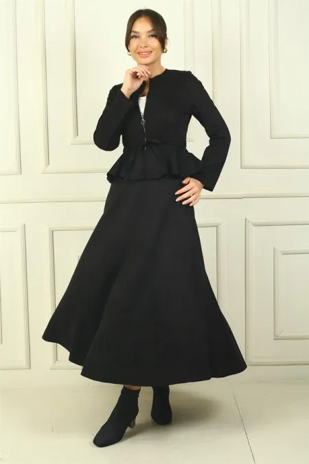 Women's Front Zip Jacket with Fitted Waist and Belt, Elasticated Long Skirt, Two-Piece Suede Set