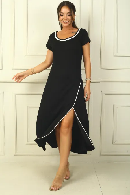 Women's Long Slit Plunge Dress with Piping