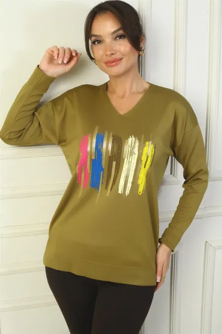 Kadın V Yaka Önü Baskılı Triko Kazak