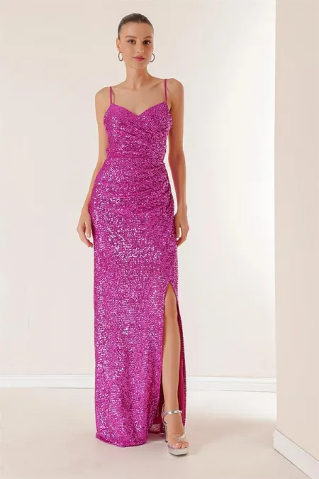 Strappy, Draped Front, Lace-Up Back, Lined Long Sequin Dress