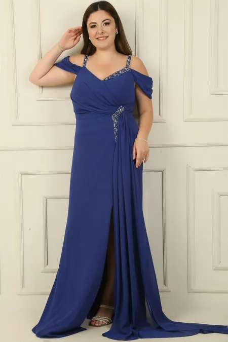 Kadın Taş Detay Askılı Düşük Kol Yanı Mendil Yırmaçlı Askılı Büyük Beden Şifon Uzun Elbise