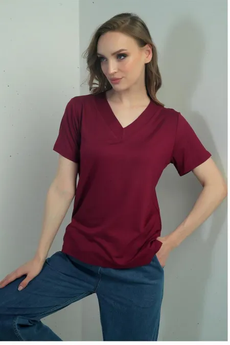 Women's V-Neck Short-Sleeve Blouse with Slit