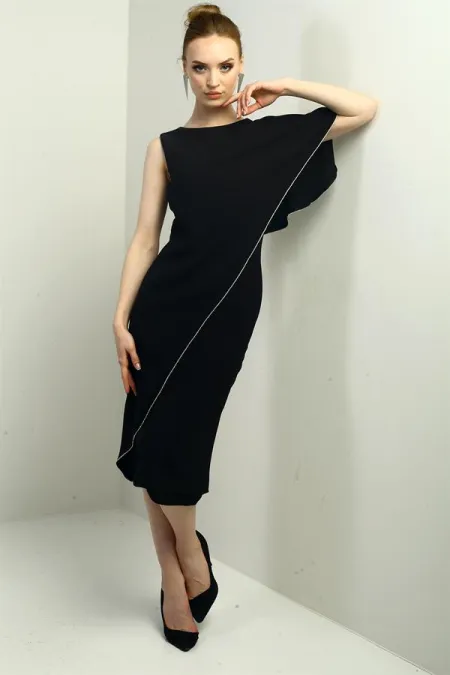 Robe midi asymétrique en crêpe à volants pour femme, ornée de pierres et doublée