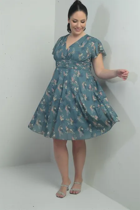 Double-Breasted Collar Flounced Sleeve Lined Plus Size Printed Linen Dress