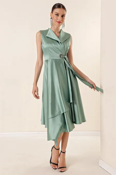 Wrap Neckline Lace-up Satin Dress