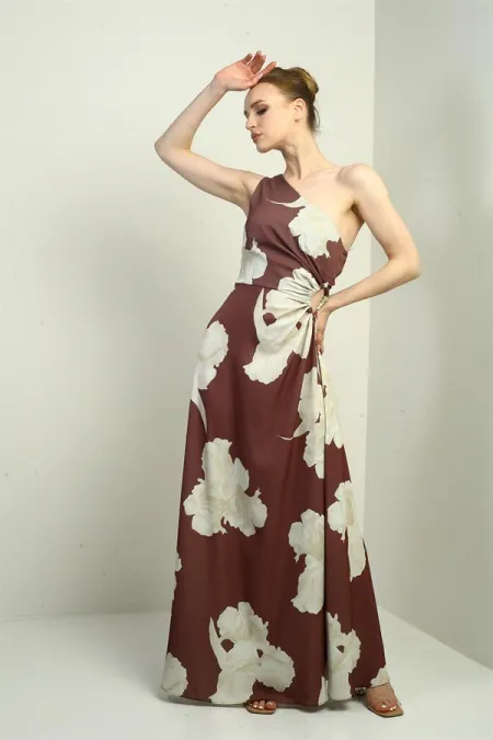 Robe longue en crêpe satin à motif de grandes feuilles, asymétrique à une épaule et découpe latérale pour femme