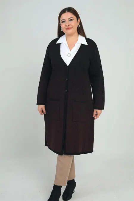 Gilet long tricoté grande taille pour femme, motif neige, avec poches