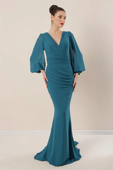 Wrap Neckline, Gathered Front, Lined Long Chiffon Dress