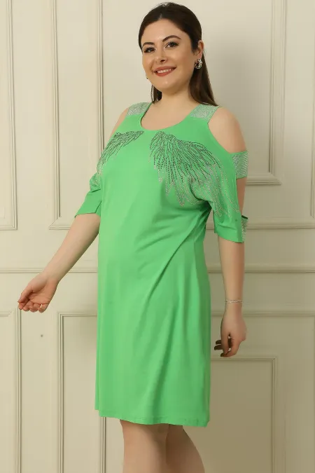 Plus Size Viscose Dress with Sleeveless, Front Stone Print Wing Pattern