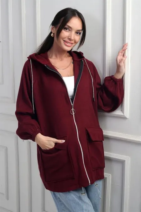 Gilet en cachemire à capuche pour femme avec poche kangourou zippée et détails en corde brillante