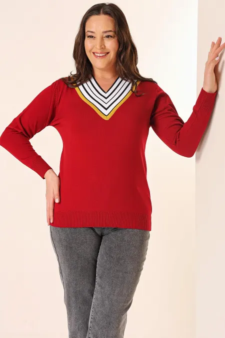 Şeritli V Yaka Büyük Beden Triko Kazak