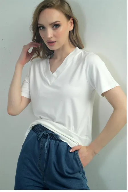 Women's V-Neck Short-Sleeve Blouse with Slit