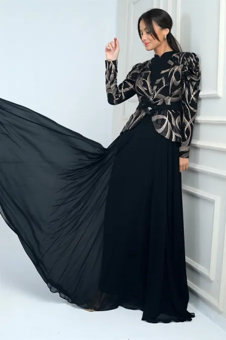 Kolları Büzgülü Güllü KEmer Detaylı Astarlı Üstü Yaldızlı Şifon Elbise