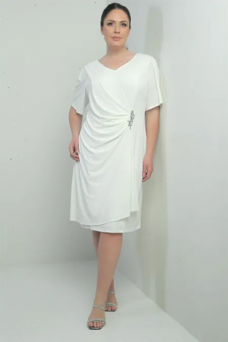 Robe femme à col en V froncée sur le devant avec détails en pierres, doublée, grandes tailles, Lycra