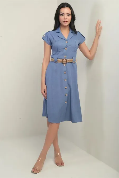 Women's Collared, Off-Shoulder, Double-Pocket, Belted Linen-Effect Dress
