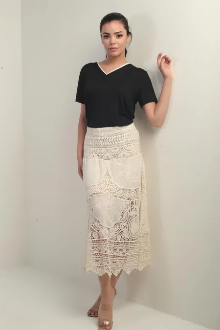 Women's Elastic Waist Lined Lace Trim Midi Skirt