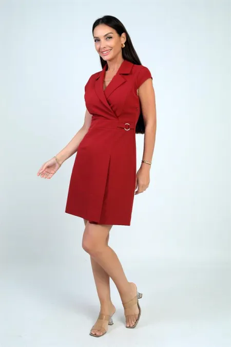 Women's Wrap Neckline Buckle Detail Pleated Skirt Lycra Crepe Dress