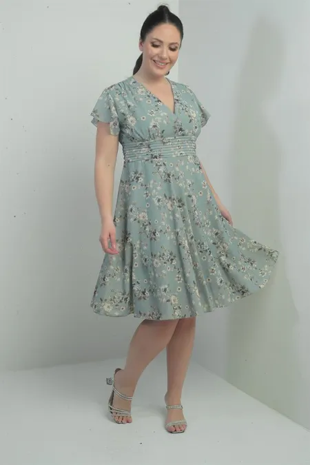 Double-Breasted Collar Flounced Sleeve Lined Plus Size Printed Linen Dress