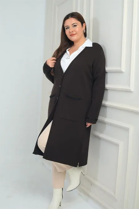 Kadın  Cepleri Şerit Detaylı Büyük Beden Uzun Triko Hırka