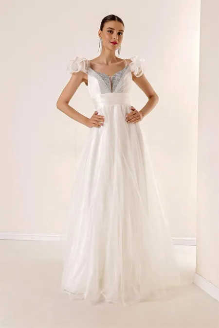 Ön Arka V Yaka İp Askılı Düşük Kollu Önü Taş Detaylı Astarlı Uzun Tül Elbise