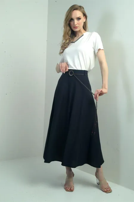 Women's Loose-Fitting Long Skirt with Linen Effect Trim and Waist Accessory