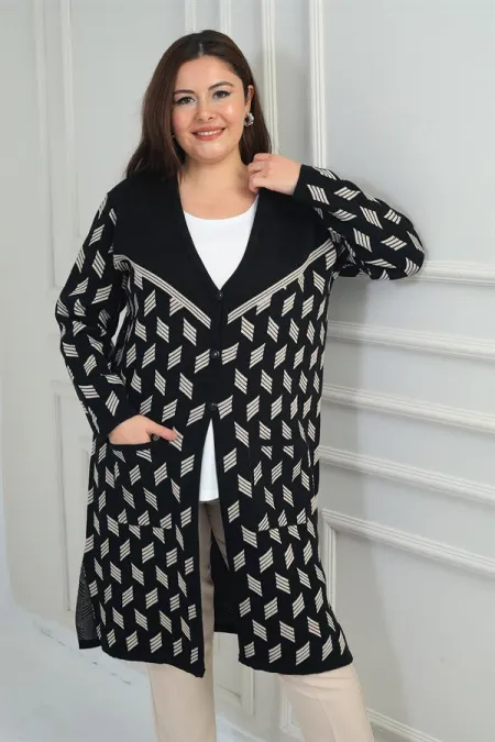 Kadın Cepli Geometrik Desen Büyük Beden Likralı Uzun Triko Hırka