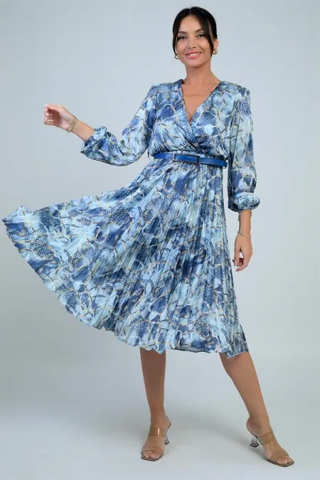 Women's Wrap Neckline Belted Lined Chain Pattern Pleated Midi Satin Dress