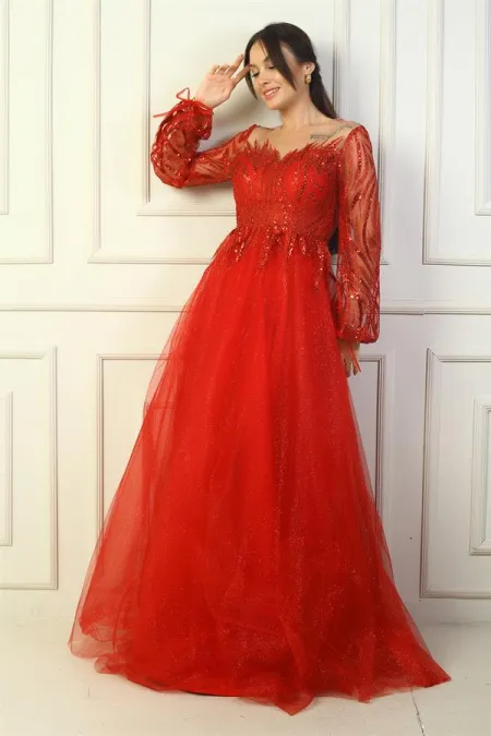 Kadın Pul Detaylı Arkası Bağcıklı Astarlı Simli Uzun Abiye Elbise