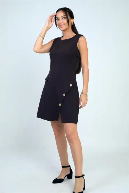 Robe sans manches à col rond et boutons sur le devant pour femme