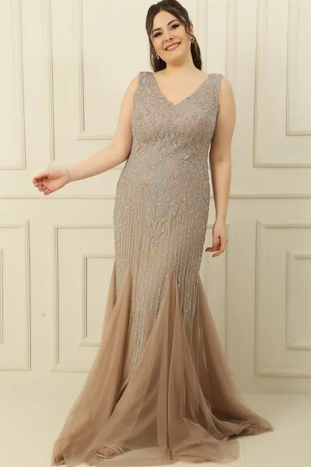 Front and Back V-Neck Stone Embellished Back Tie Lined Plus Size Long Dress