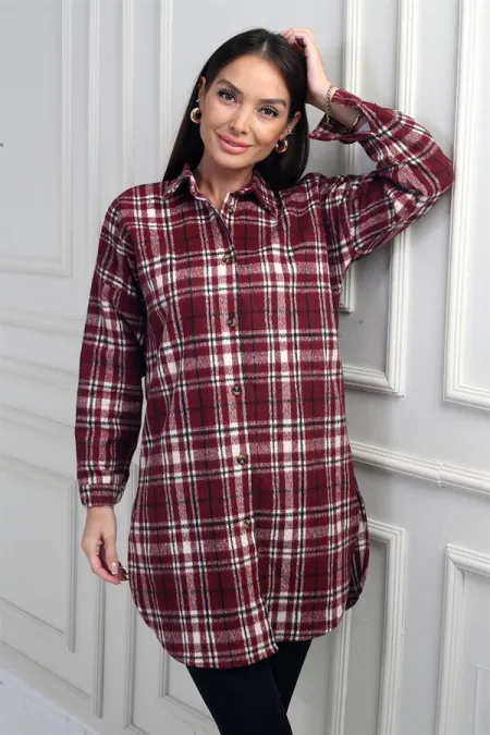 Chemise longue à carreaux pour femme avec fentes latérales