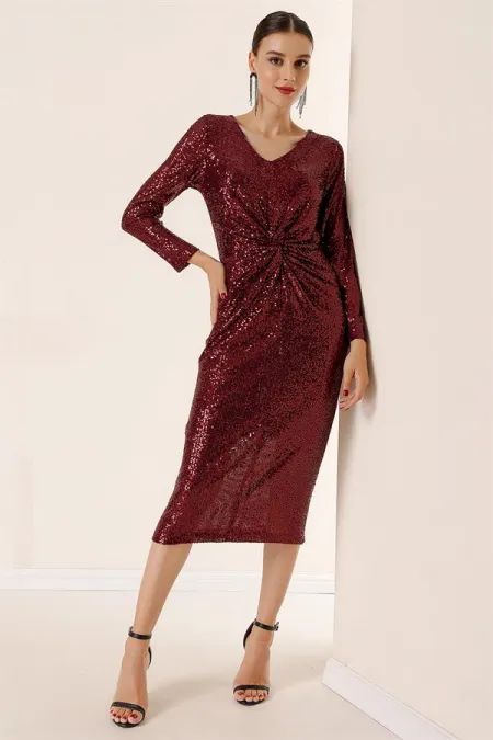 V-Neck Front Gathered Lined Sequin Dress