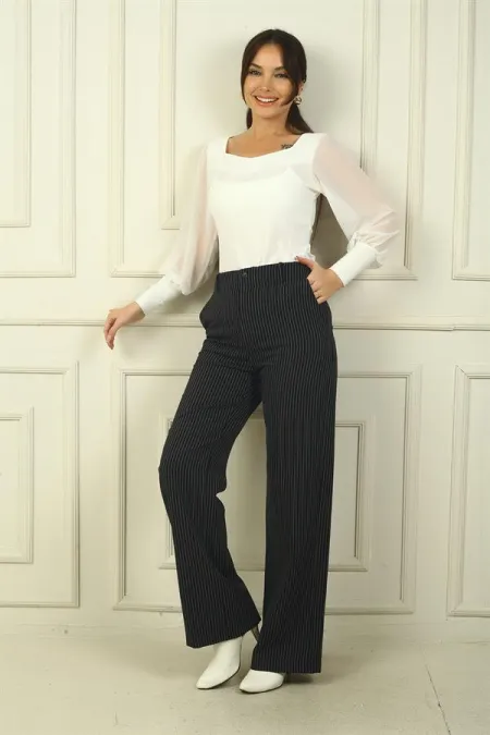Kadın Yandan Cepli Boyuna Çizgili Palazzo Pantolon