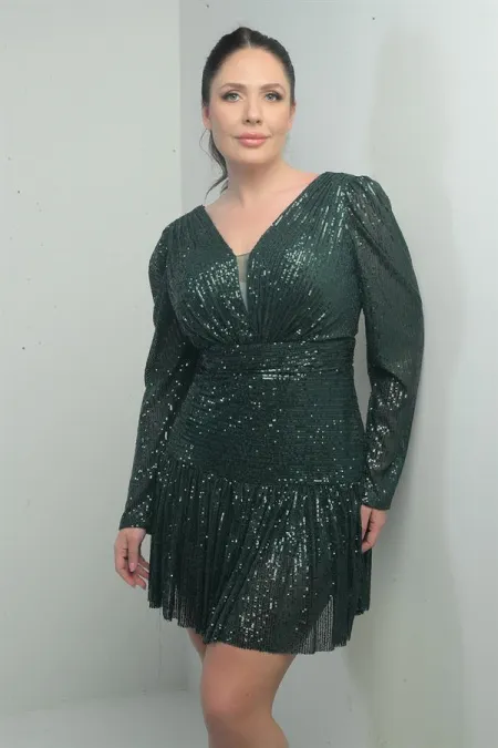 Robe à sequins grande taille pour femme, décolleté en V devant et dos, doublée, manches longues drapées, ornée de sequins.