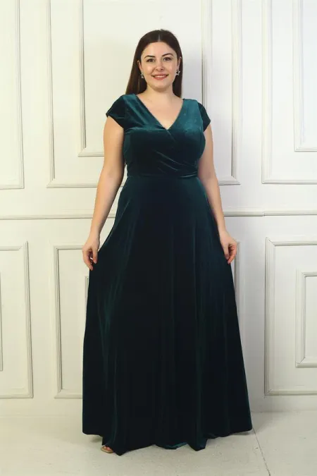 Robe longue en velours grande taille pour femme, avec décolleté en V devant et dos, fronces latérales et manches demi-lune.