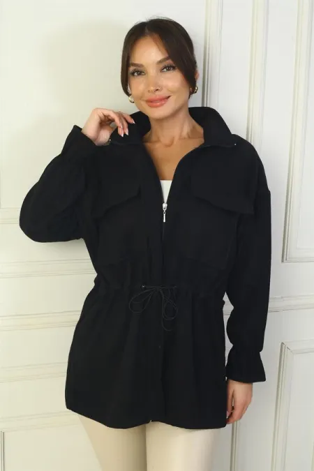 Manteau en cachemire pour femme avec fermeture éclair sur le devant, taille et poignets froncés, et double poche.