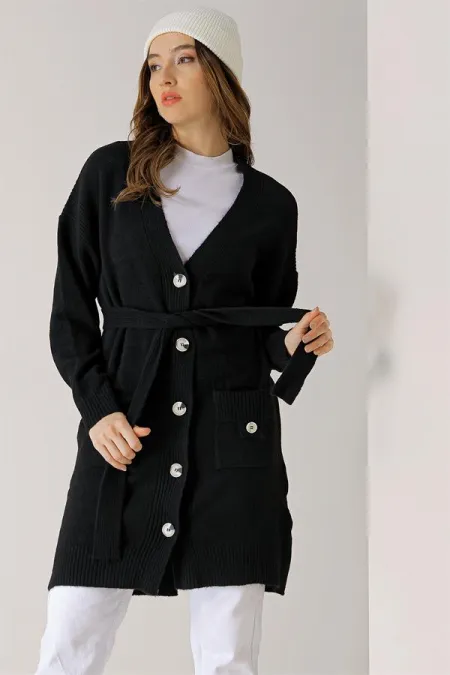 Arkası Nakışlı Beli Kuşaklı Cepli Uzun Hırka