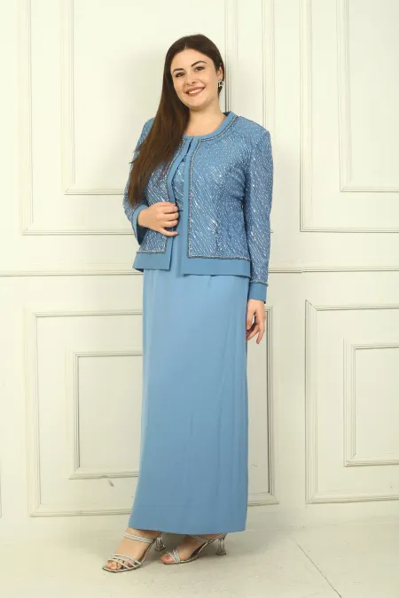 Ensemble deux pièces pour femme : veste en tulle ornée de perles et de sequins, robe longue à manches demi-lune, doublée, grandes tailles.