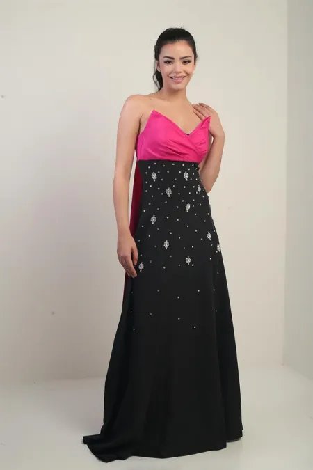 Women's Taffeta Top Strapless Double Stone Spliced Flared Long Dress