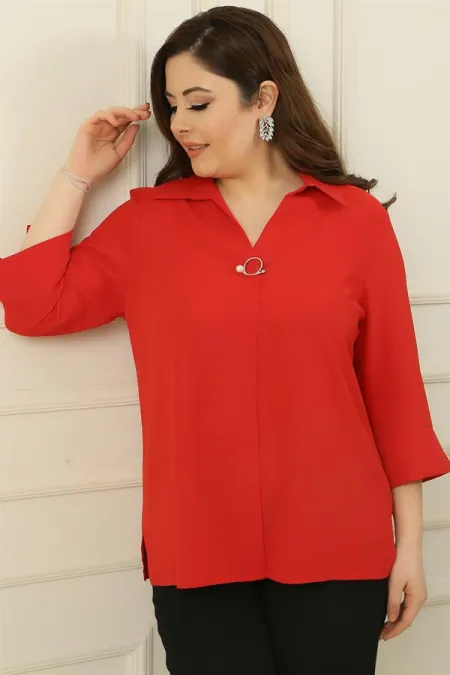 Polo Collar Quarter Sleeve Plus Size Blouse