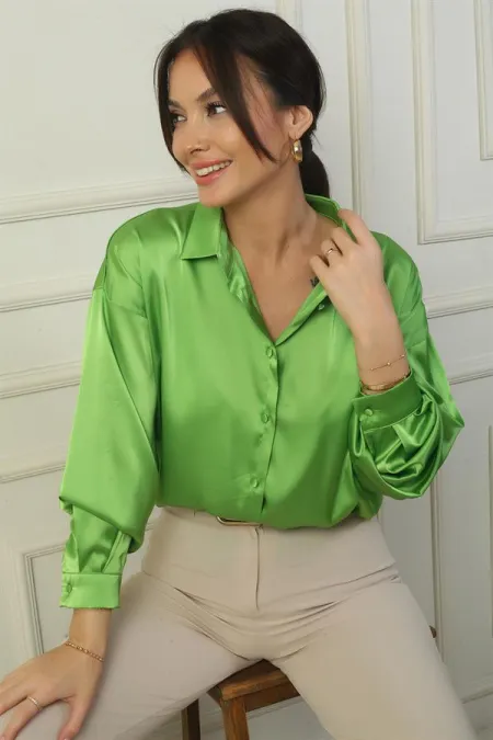 Kadın Düşük Kollu Oversize Saten Gömlek