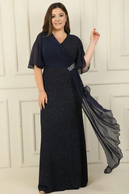 Chiffon Sleeved Plus Size Glittery Long Dress with Side Stone Accessories
