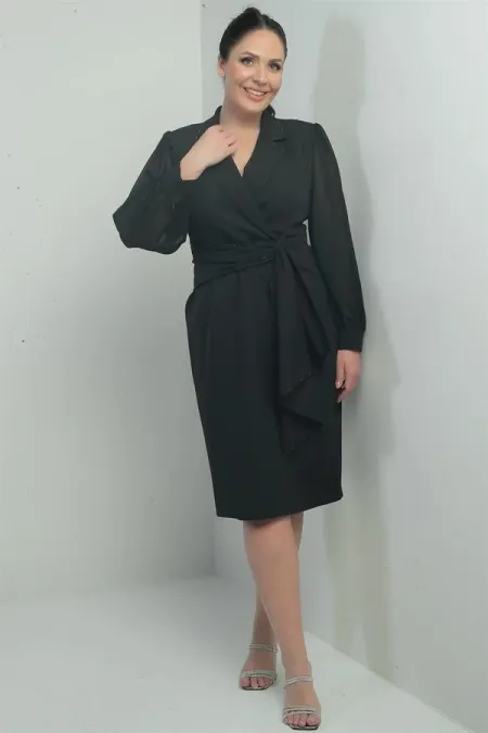 Women's Wrap-Neck Dress with Chiffon Sleeves, Beaded Waist Detail, Self-Interfacing, Half-Lined, Plus Size.