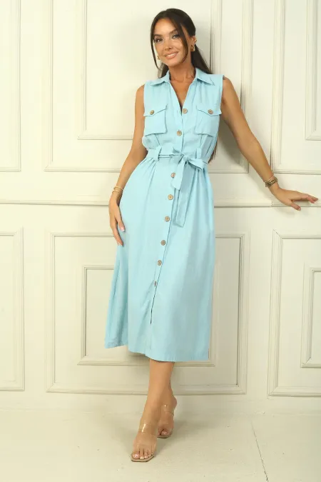 Safari Model Linen Effect Dress with Button Front, Belted Waist and Pocket