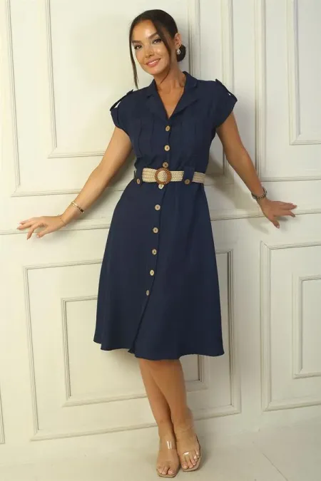 Women's Collared, Off-Shoulder, Double-Pocket, Belted Linen-Effect Dress