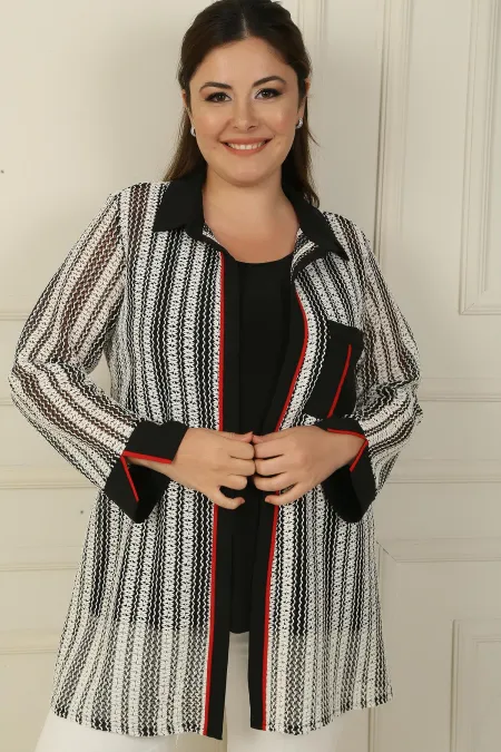 Ensemble 2 pièces veste et chemisier en maille plissée à poche unique, grande taille