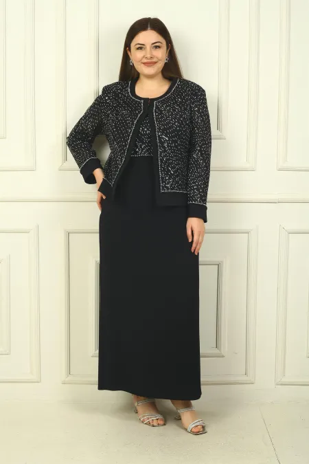 Ensemble deux pièces pour femme : veste en tulle ornée de perles et de sequins, robe longue à manches demi-lune, doublée, grandes tailles.