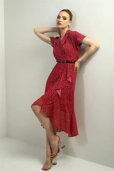 Kadın Kruvaze Yaka Astarlı Çıtır Desen Önü Volanlı Şifon Elbise