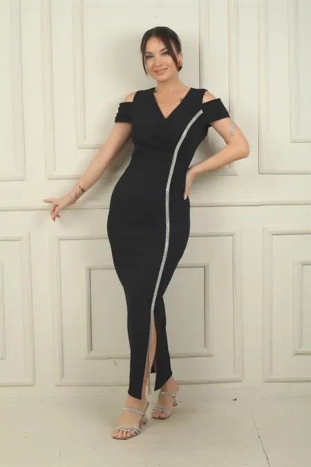 Robe longue en crêpe à rayures brillantes, col en V, manches basses et fronces sur le devant