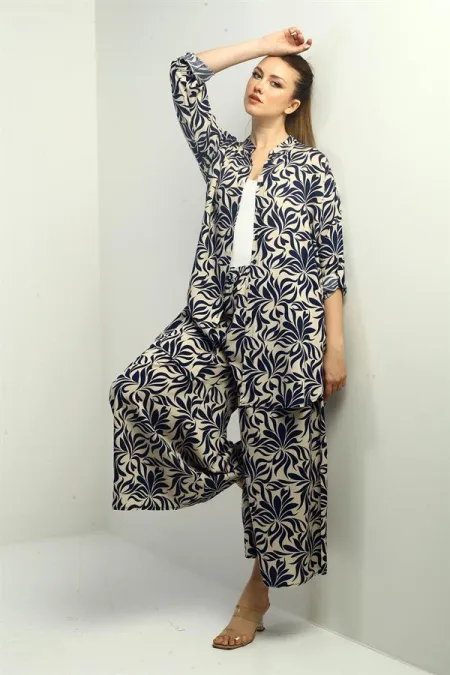 Women's Side Slit Tunic Shirt, Elastic Waist Pocketed Palazzo Pants, Floral Pattern Oversize 2-Piece Set